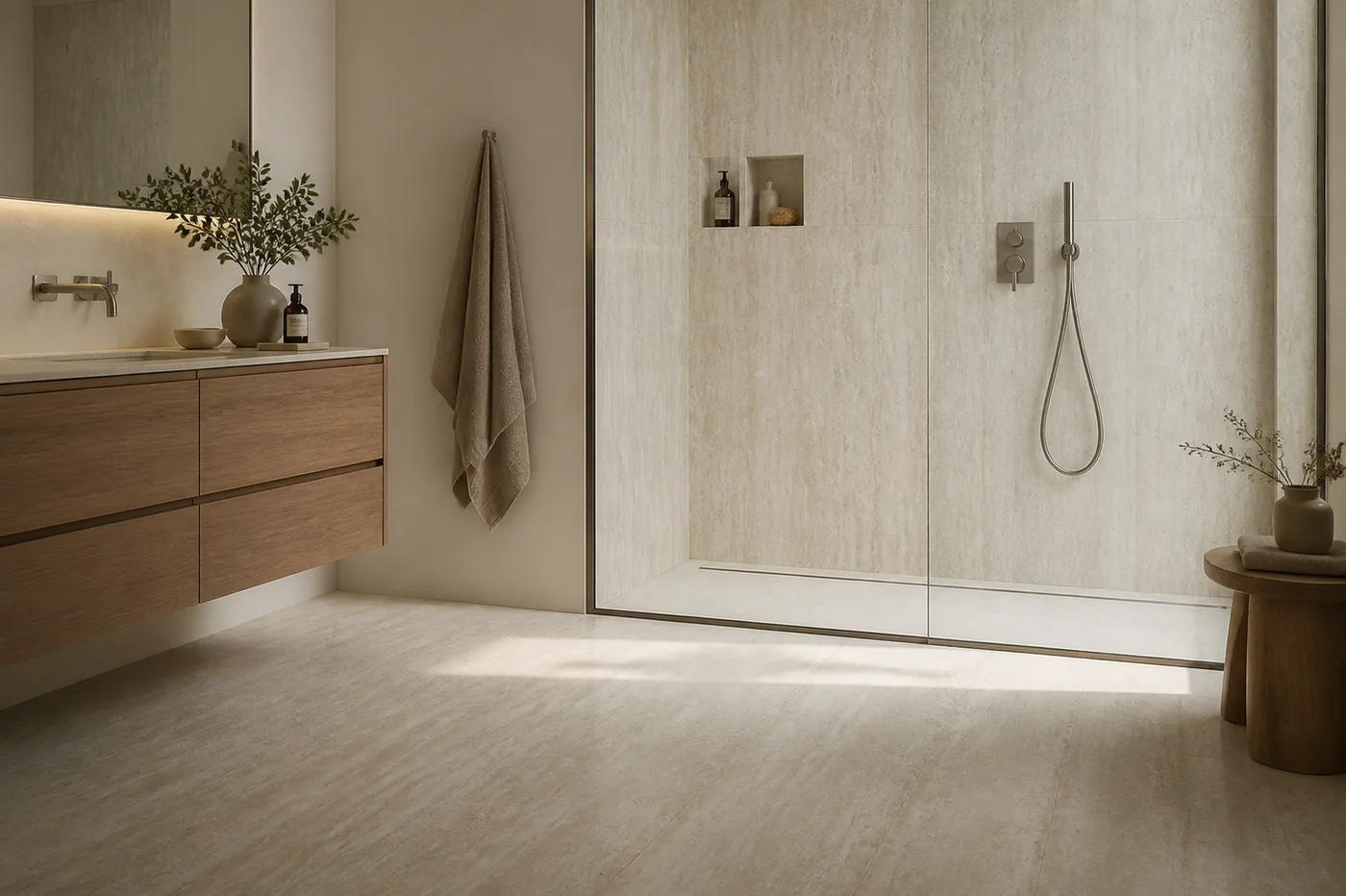 Ascoli porcelain tiles lining a walk-in shower and the bathroom floor beside an oak vanity