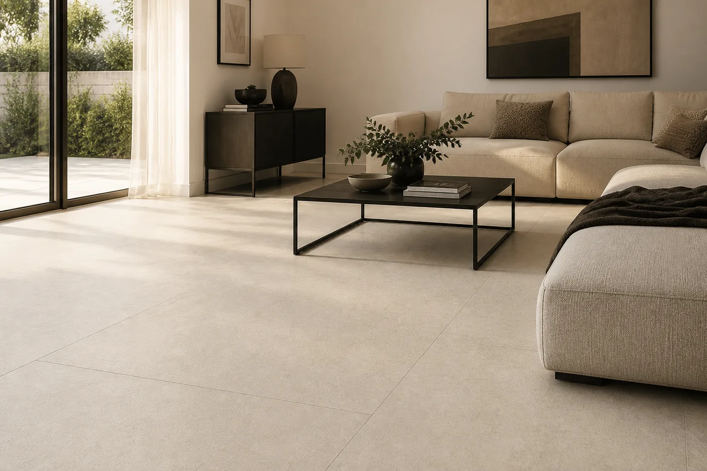 Cava Veins Beige porcelain floor tiles in a living room opening onto a garden