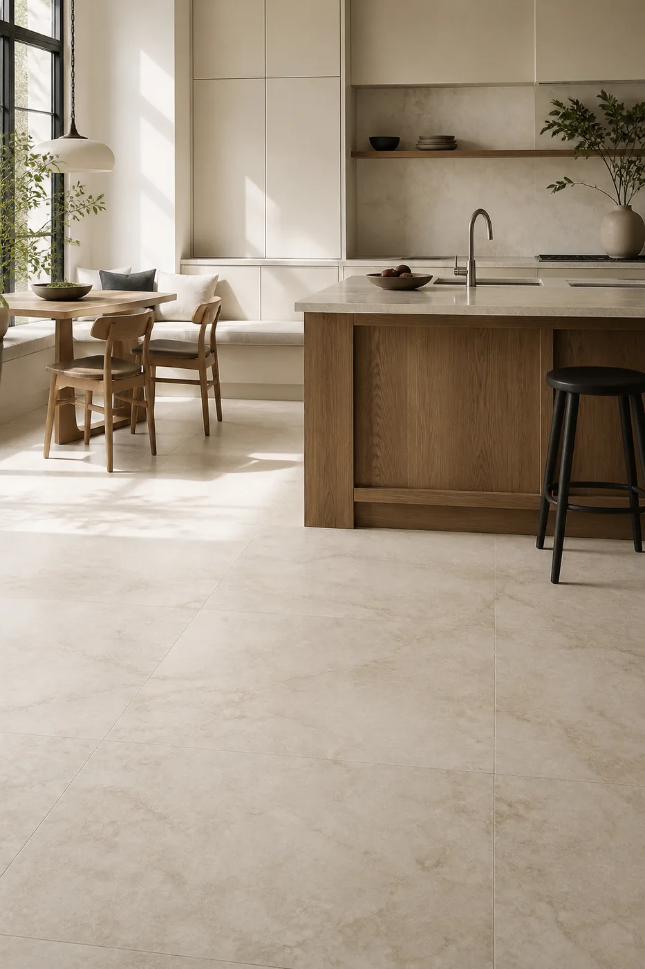 Onix porcelain floor tiles in a contemporary kitchen with an oak island and a dining nook