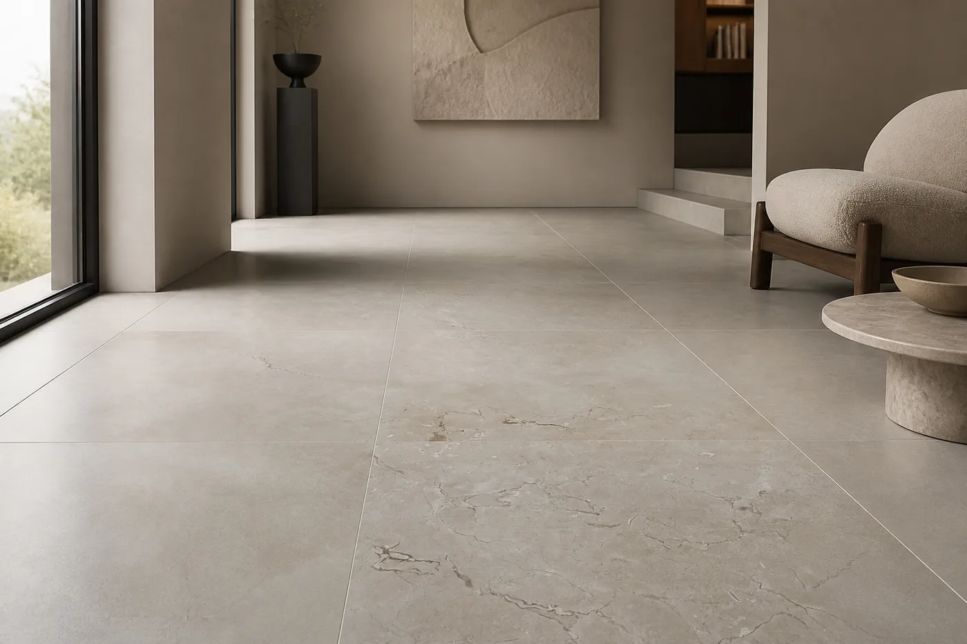 Infinity large-format porcelain floor, its joints far apart across the room