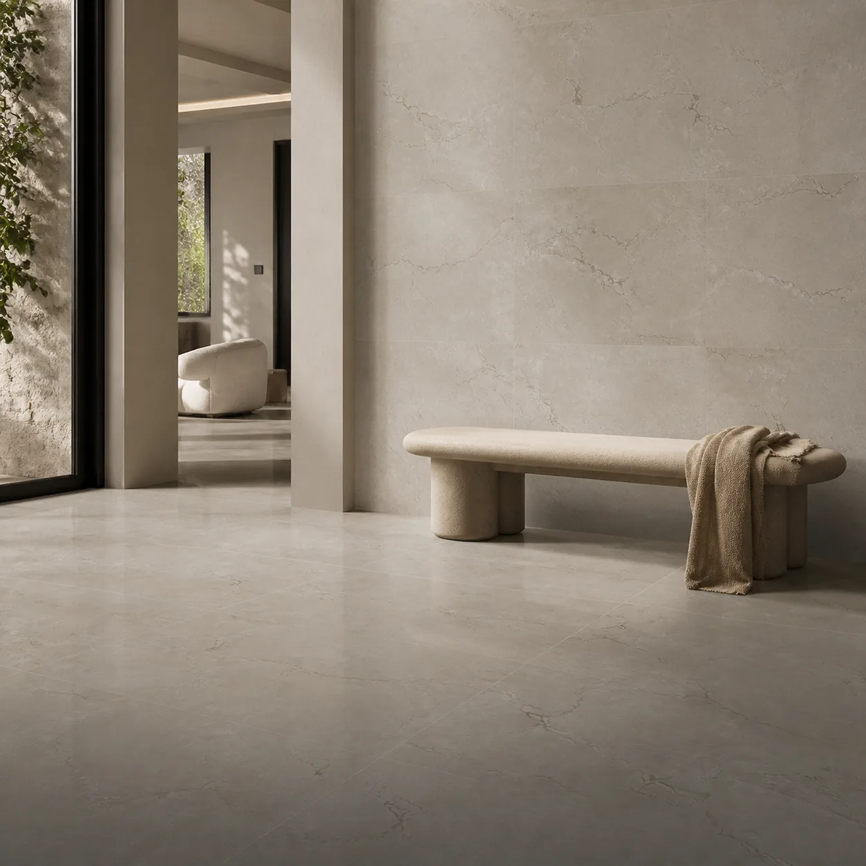 Infinity marble-effect porcelain covering a hallway floor and full-height wall
