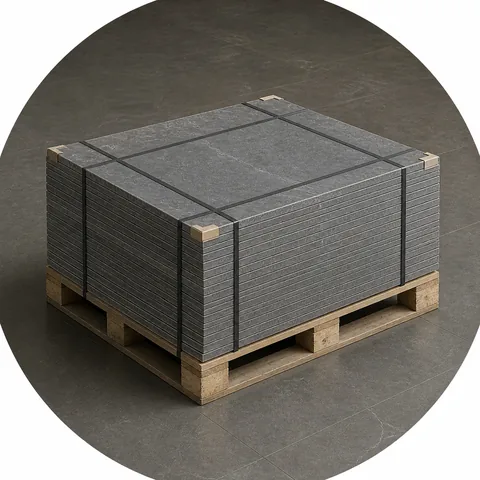 Harrat porcelain pallet deal, a strapped pallet of dark tiles on a wooden pallet