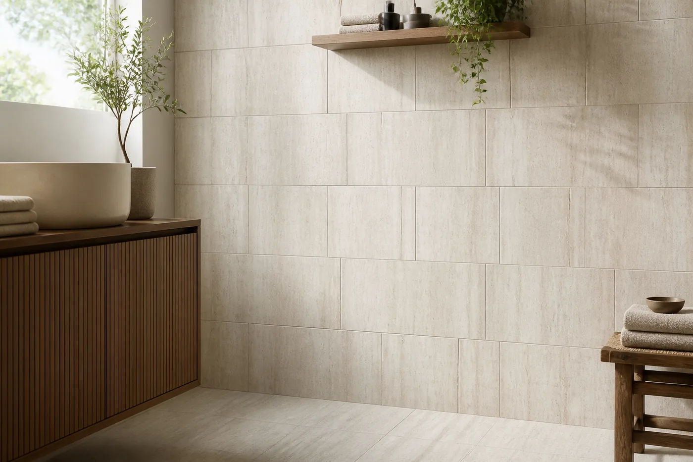 Ascoli small-format porcelain on a bathroom wall, the joints falling close together