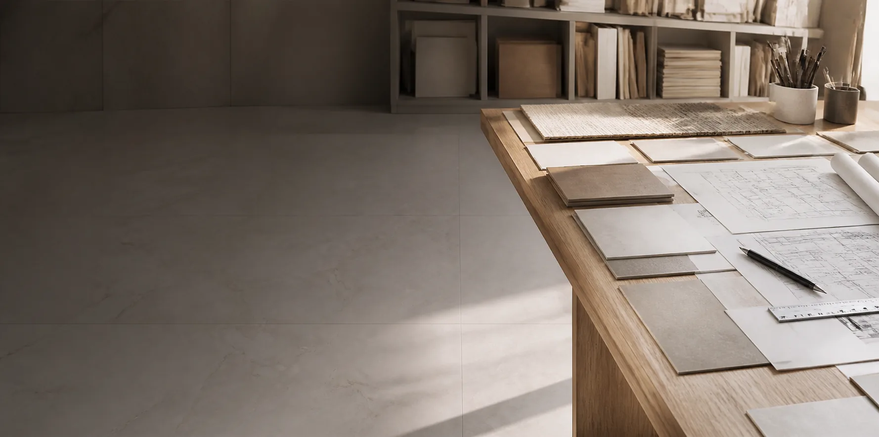 A material studio hung with porcelain samples in daylight