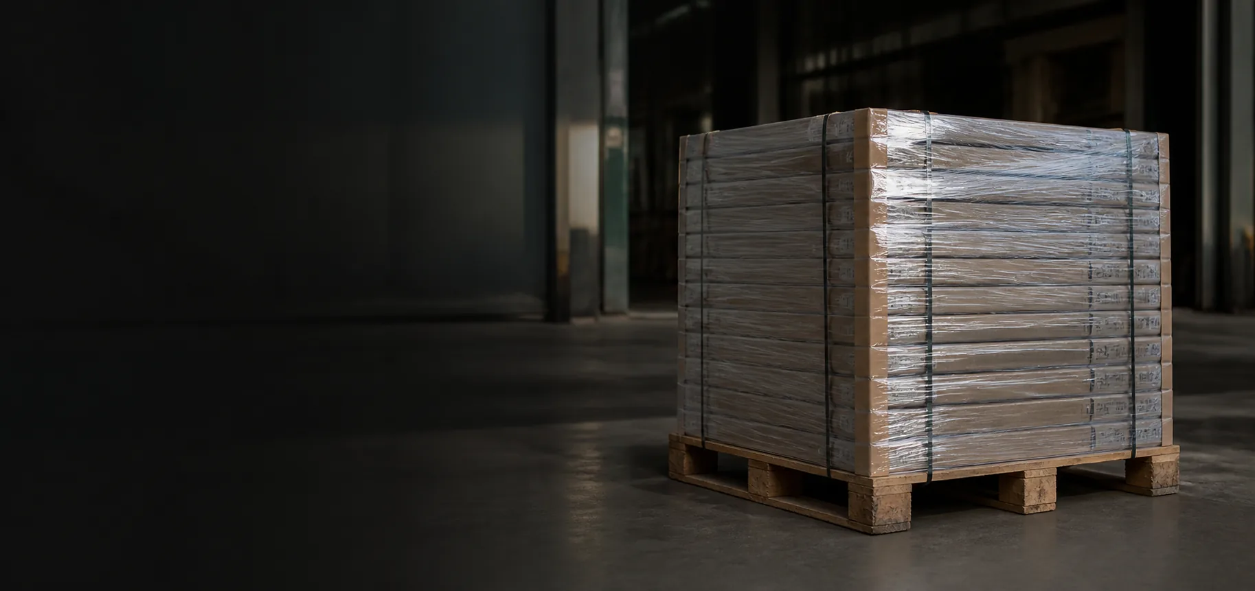 A factory-packed pallet of tile cartons under stretch film