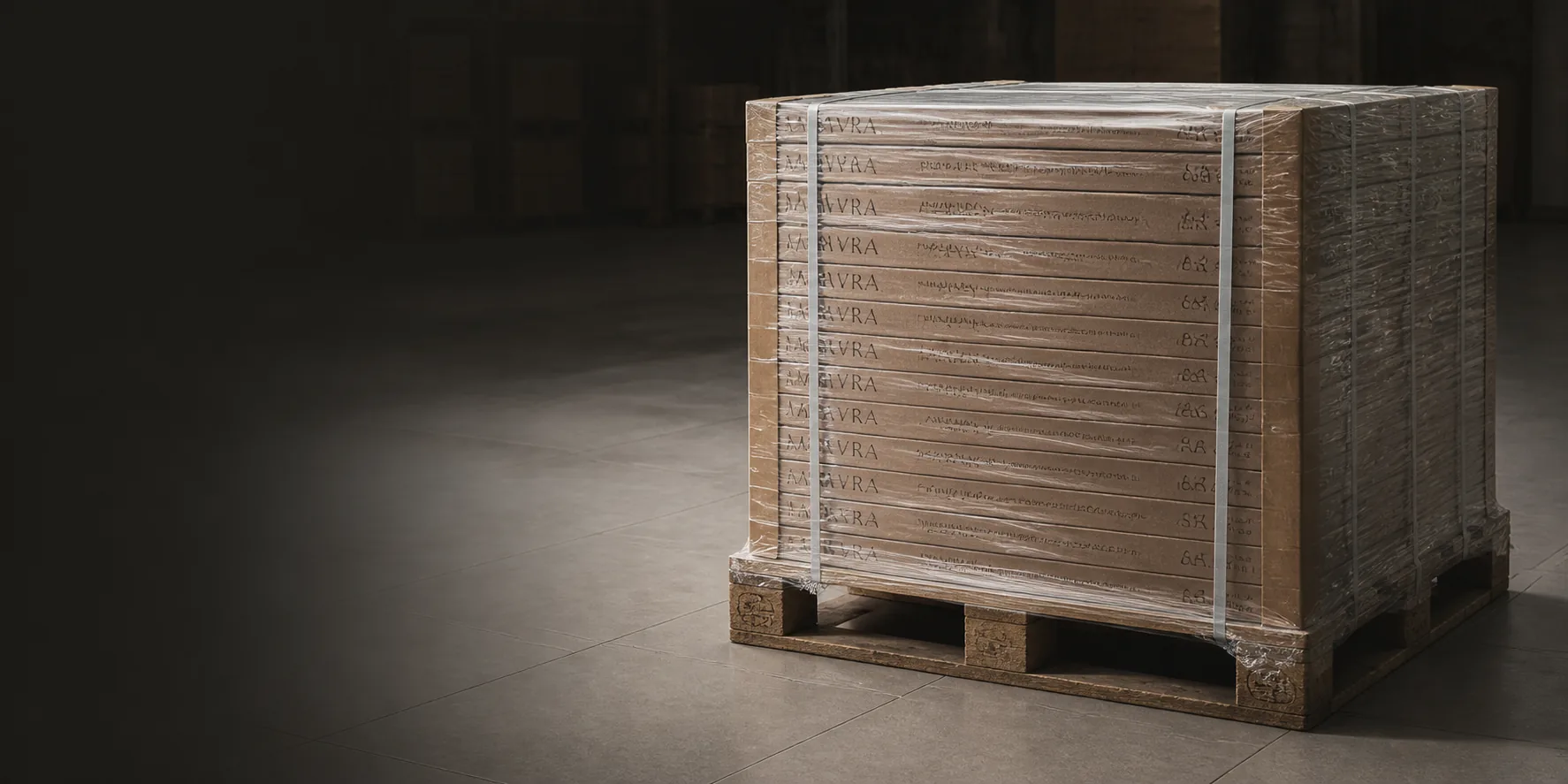 A stretch-wrapped commercial pallet of tile cartons