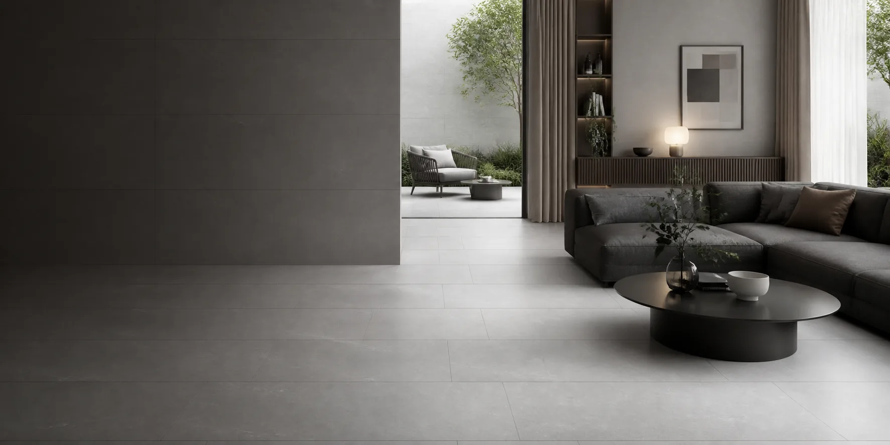 Harrat Silver stone-effect porcelain living space