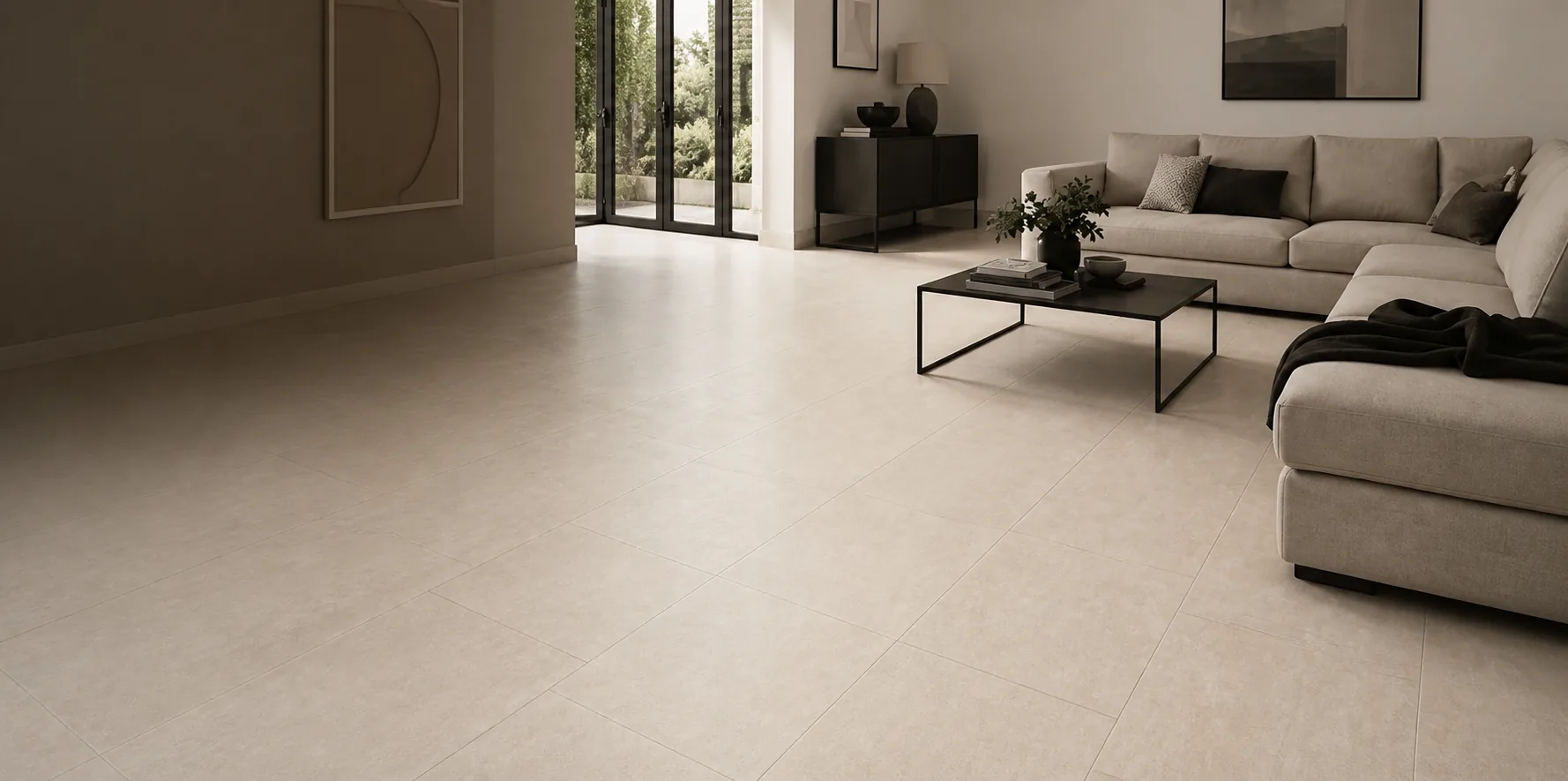 Cava Veins Beige travertine-effect porcelain interior